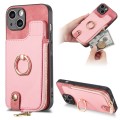 For iPhone 15 Cross Leather Ring Vertical Zipper Wallet Back Phone Case(Pink)