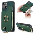 For iPhone 15 Cross Leather Ring Vertical Zipper Wallet Back Phone Case(Green)