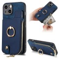 For iPhone 14 Cross Leather Ring Vertical Zipper Wallet Back Phone Case(Blue)