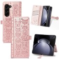 For Samsung Galaxy Z Fold5 5G Cat and Dog Embossed Leather Phone Case(Rose Gold)