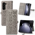 For Samsung Galaxy Z Fold5 5G Cat and Dog Embossed Leather Phone Case(Grey)