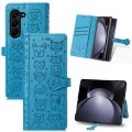 For Samsung Galaxy Z Fold5 5G Cat and Dog Embossed Leather Phone Case(Blue)