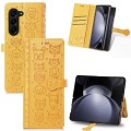 For Samsung Galaxy Z Fold5 5G Cat and Dog Embossed Leather Phone Case(Yellow)
