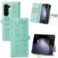 For Samsung Galaxy Z Fold5 5G Cat and Dog Embossed Leather Phone Case(Green)
