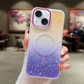 For iPhone 15 Plus Multicolor Gradient Glitter Sequin MagSafe TPU Phone Case(Orange+Purple)