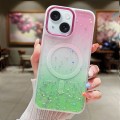 For iPhone 15 Multicolor Gradient Glitter Sequin MagSafe TPU Phone Case(Pink+Vert Anis)