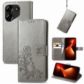 For Tecno Pova 5 4G Four-leaf Clasp Embossed Buckle Leather Phone Case(Grey)