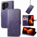 For Tecno Pova 5 4G Four-leaf Clasp Embossed Buckle Leather Phone Case(Purple)