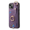 For iPhone 14 Retro Skin-feel Ring Card Bag Phone Case with Hang Loop(Purple)