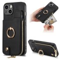 For iPhone 13 Cross Leather Ring Vertical Zipper Wallet Back Phone Case(Black)