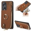 For Honor 90 Cross Leather Ring Vertical Zipper Wallet Back Phone Case(Brown)