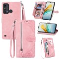 For ZTE Blade A53 Embossed Flower Zipper Leather Phone Case(Pink)