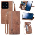 For Xiaomi 14 Pro Embossed Flower Zipper Leather Phone Case(Brown)