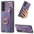 For Samsung Galaxy S21 FE 5G Retro Skin-feel Ring Card Bag Phone Case with Hang Loop(Purple)
