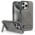 For iPhone 15 Pro Max Multi-function Holder MagSafe PU Phone Case(Gray)