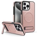 For iPhone 15 Pro Multi-function Holder MagSafe PU Phone Case(Rose Gold)