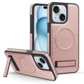 For iPhone 15 Plus Multi-function Holder MagSafe PU Phone Case(Rose Gold)