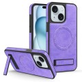 For iPhone 15 Plus Multi-function Holder MagSafe PU Phone Case(Purple)