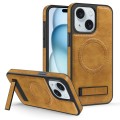 For iPhone 15 Plus Multi-function Holder MagSafe PU Phone Case(Brown)