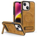 For iPhone 14 Plus Multi-function Holder MagSafe PU Phone Case(Brown)