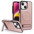 For iPhone 14 Multi-function Holder MagSafe PU Phone Case(Rose Gold)