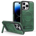 For iPhone 14 Pro Multi-function Holder MagSafe PU Phone Case(Dark Green)