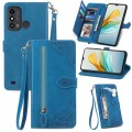 For ZTE Blade A53 Embossed Flower Zipper Leather Phone Case(Blue)