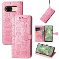 For Google Pixel 7a Cat and Dog Embossed Leather Phone Case(Pink)