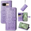 For Google Pixel 7a Cat and Dog Embossed Leather Phone Case(Purple)