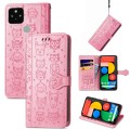 For Google Pixel 5 Cat and Dog Embossed Leather Phone Case(Pink)