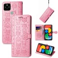 For Google Pixel 5 XL Cat and Dog Embossed Leather Phone Case(Pink)