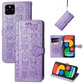 For Google Pixel 5 XL Cat and Dog Embossed Leather Phone Case(Purple)