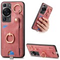 For Huawei P60 Retro Skin-feel Ring Card Bag Phone Case with Hang Loop(Pink)