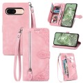 For Google Pixel 7a Embossed Flower Zipper Leather Phone Case(Pink)