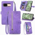 For Google Pixel 6a Embossed Flower Zipper Leather Phone Case(Purple)