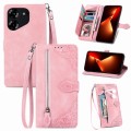 For Tecno Pova 5 4G  Embossed Flower Zipper Leather Phone Case(Pink)