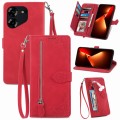 For Tecno Pova 5 4G  Embossed Flower Zipper Leather Phone Case(Red)