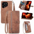For Tecno Pova 5 4G  Embossed Flower Zipper Leather Phone Case(Brown)
