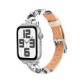 For Apple Watch Ultra 2 49mm Rhinestone Denim Chain Leather Watch Band(Apricot)