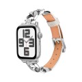 For Apple Watch Series 4 44mm Rhinestone Denim Chain Leather Watch Band(Beige)