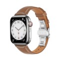 For Apple Watch SE 2023 44mm Plain Leather Butterfly Buckle Watch Band(Dark Brown+Silver)