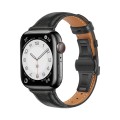 For Apple Watch SE 2023 44mm Plain Leather Butterfly Buckle Watch Band(Black+Black)