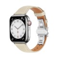 For Apple Watch Series 5 44mm Plain Leather Butterfly Buckle Watch Band(Beige+Silver)