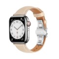 For Apple Watch Series 5 44mm Plain Leather Butterfly Buckle Watch Band(Apricot+Silver)