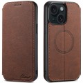 For iPhone 15 Suteni J06 Retro Matte Litchi Texture Leather Magnetic Magsafe Phone Case(Brown)