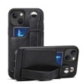 For iPhone 15 SUTENI H12 Wrist Strap Leather Back Phone Case with Card Slot(Black)