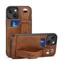 For iPhone 15 Plus SUTENI H12 Wrist Strap Leather Back Phone Case with Card Slot(Brown)