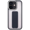 For iPhone 12 / 12 Pro Skin-Feel Plating Wrist Strap Stand Phone Case(Navy Blue)