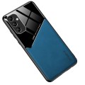 For Samsung Galaxy A14 All-inclusive Leather Organic Glass Phone Case with Metal Iron Sheet(Blue)