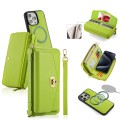 For iPhone 15 Pro Max MagSafe Crossbody Multi-functional Zipper Wallet Litchi Leather Phone Case(Gre